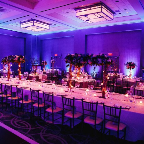 Decorated banquet hall with flowers, rectangle table, chiavari c